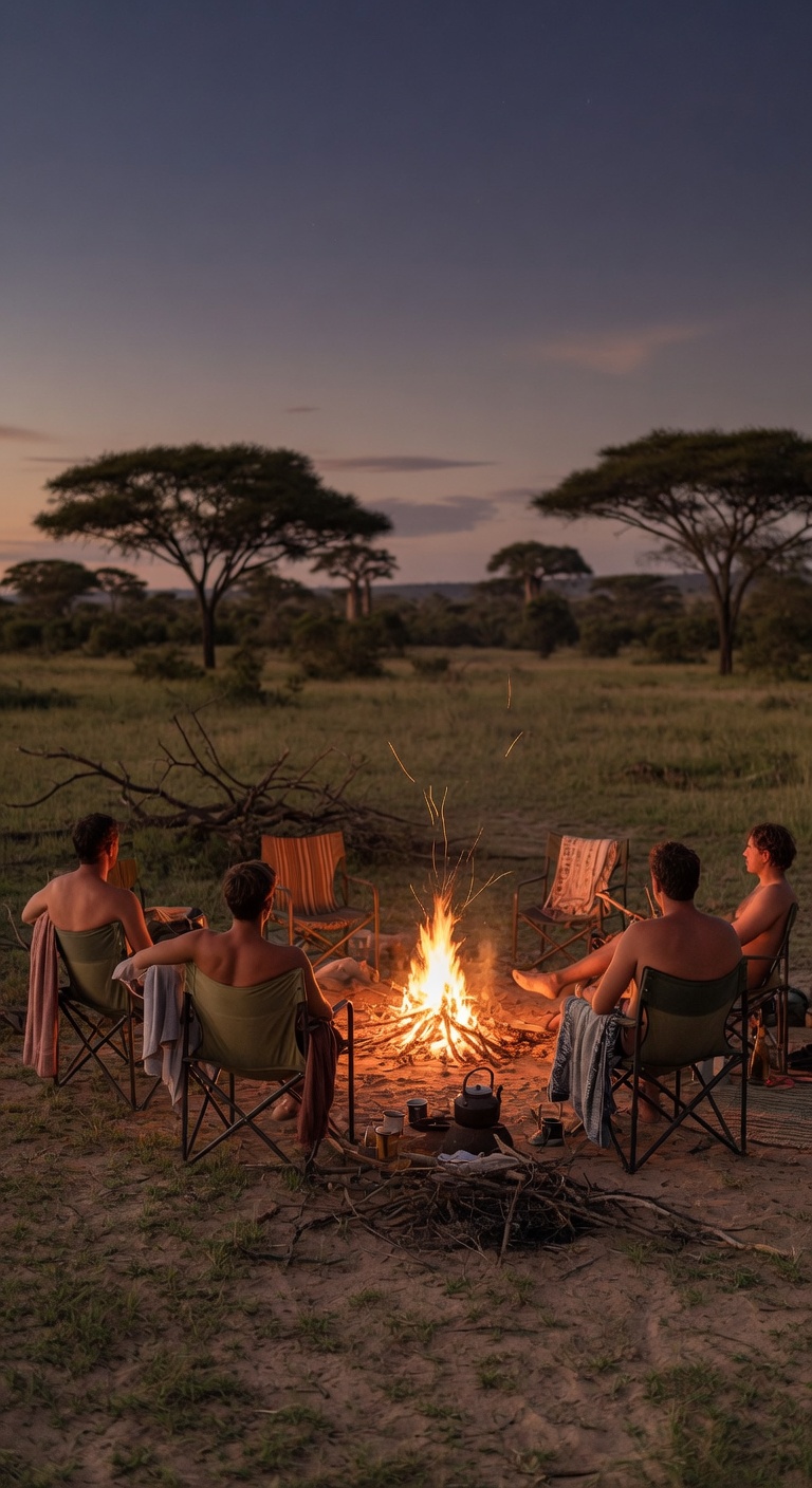 Vrijwilligers bij een kampvuur in Tanzania